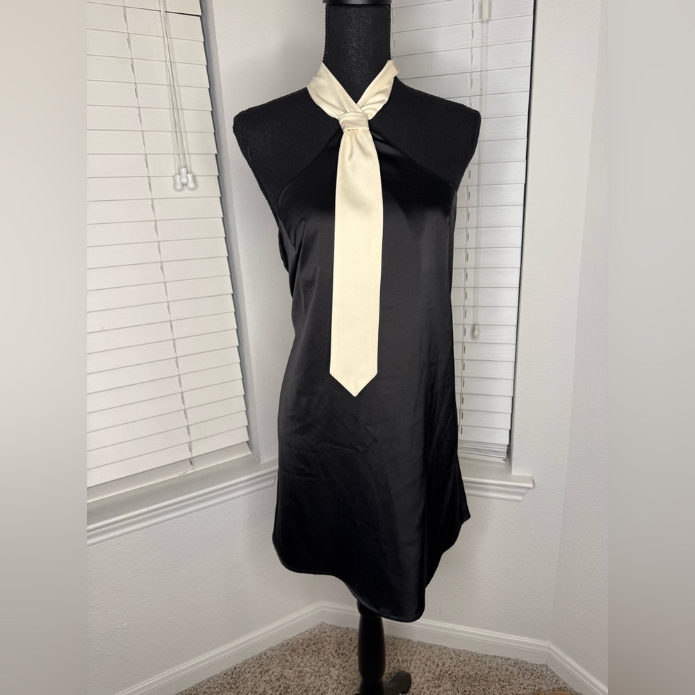 Chic Black and Cream Tie-Neck Mini Dress
